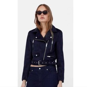 BRAND NEW ZARA NAVY BLUE FAUX SUEDE BOMBER JACKET COAT SZ S $85
